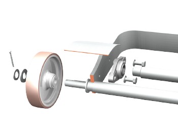 Zoom on the wheel of the Servi Doryl rack-bearing trolley
