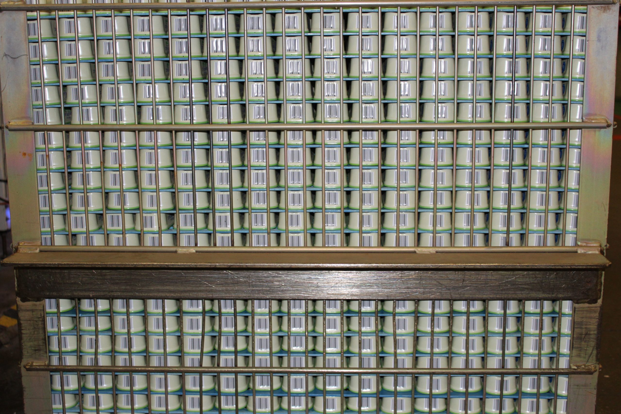 boîtes de conserve rangées sur des plaques de stérilisation et prêtes à être introduites dans l'autoclave